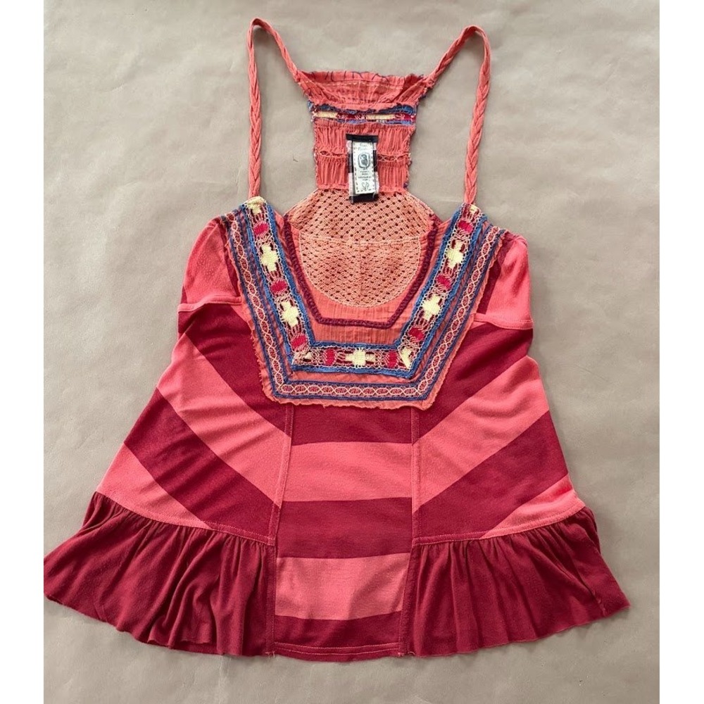 Free People Embroidered Crochet Racerback Tank Top Striped Small Boho Gypsy Folk
